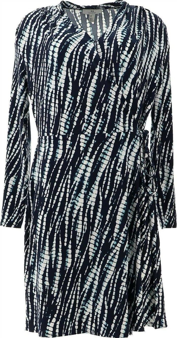 H Halston Jet Set Jersey Knit Navy Tie Dye Wrap Dress Size M NWT